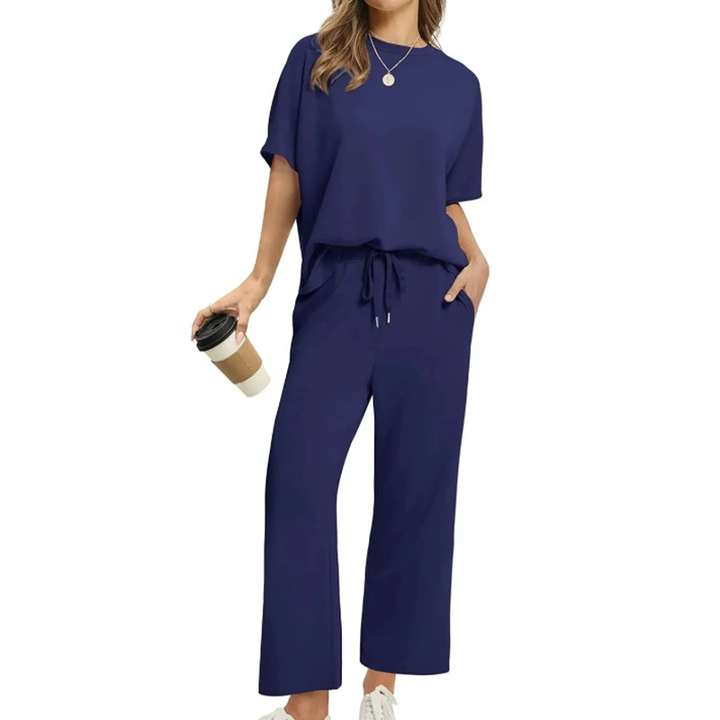 Women's Casual Cotton Top and Pants Set in Navy