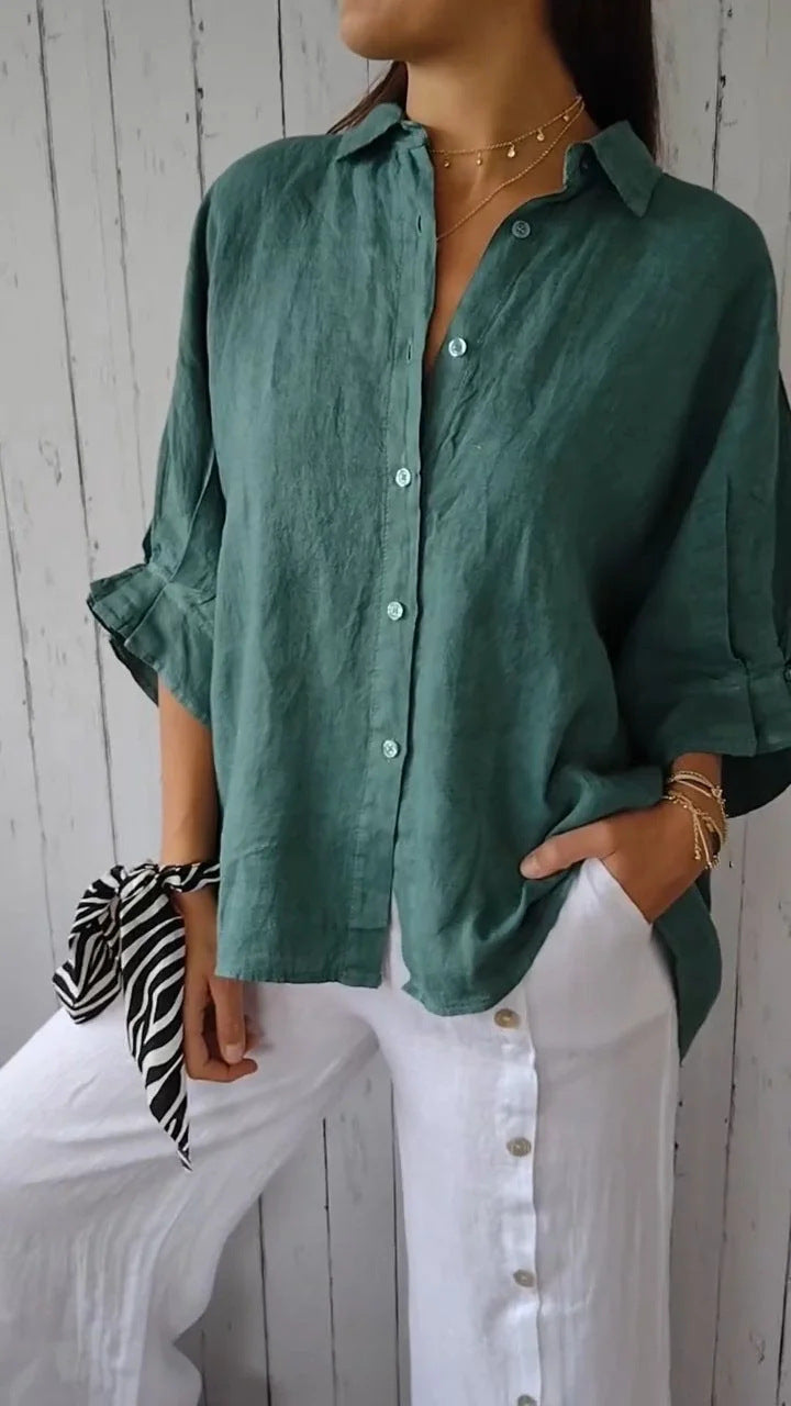 Women's Casual Linen Blouse for Summer in Peacock Green