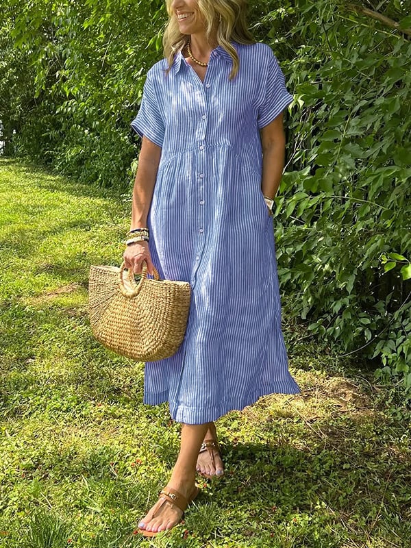 Women's Casual Striped Midi Beach Dress in Blue