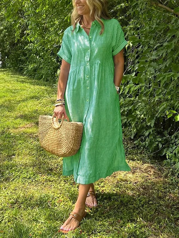 Women's Casual Striped Midi Beach Dress in Green