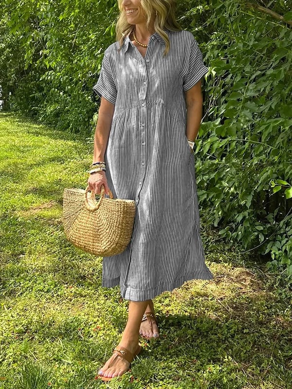 Women's Casual Striped Midi Beach Dress in Grey