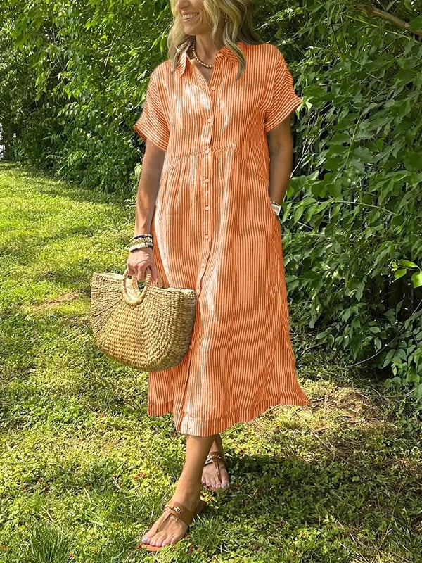 Women's Casual Striped Midi Beach Dress in Orange
