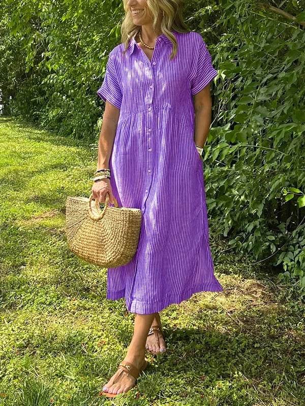 Women's Casual Striped Midi Beach Dress in Purple