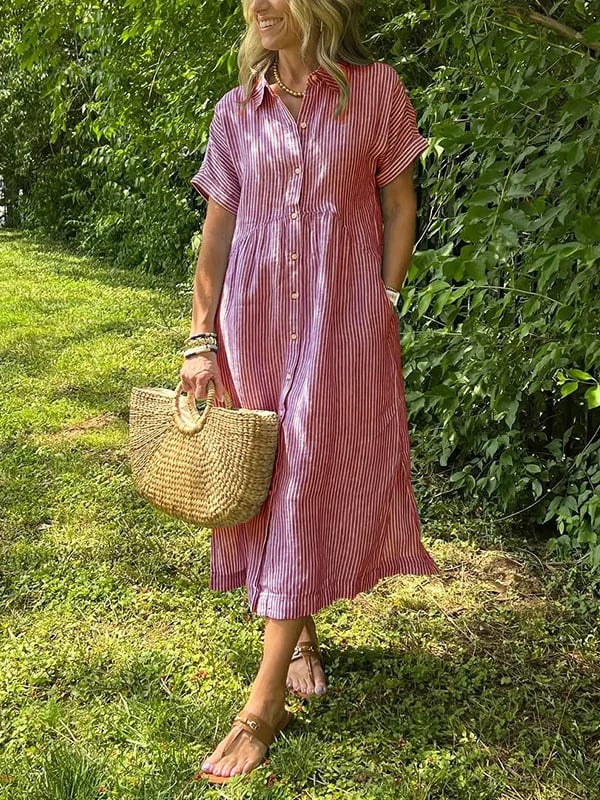 Women's Casual Striped Midi Beach Dress in Red