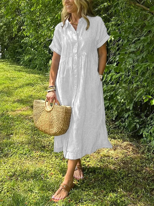 Women's Casual Striped Midi Beach Dress in White