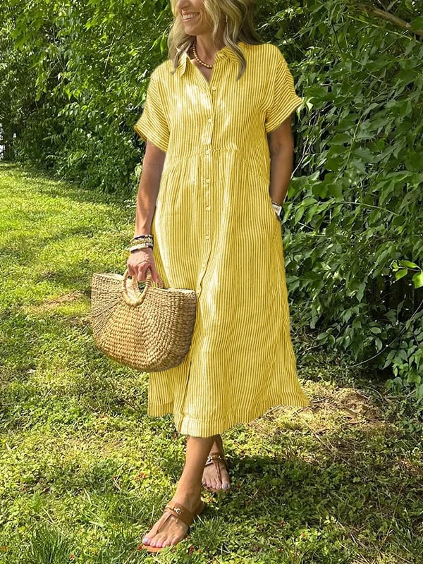 Women's Casual Striped Midi Beach Dress in Yellow