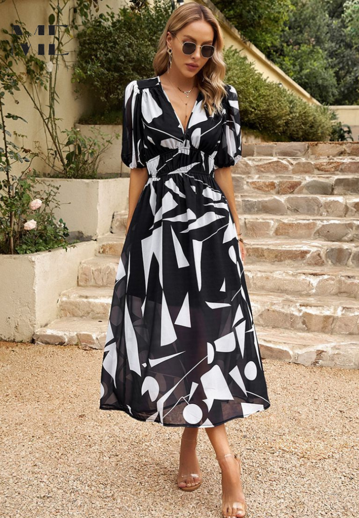 Women's Chiffon Midi Dress for Wedding Guests in Black