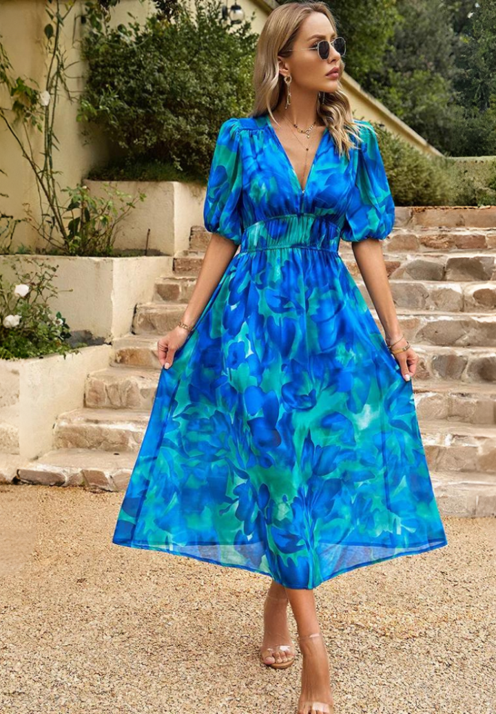 Women's Chiffon Midi Dress for Wedding Guests in Blue