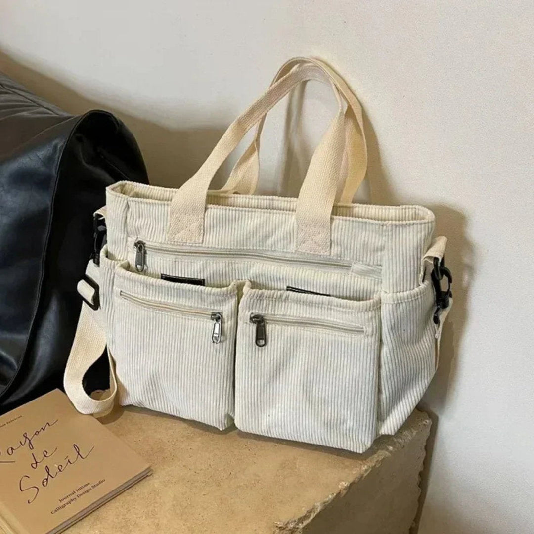 Women's Corduroy Bag with Multiple Pockets in Beige
