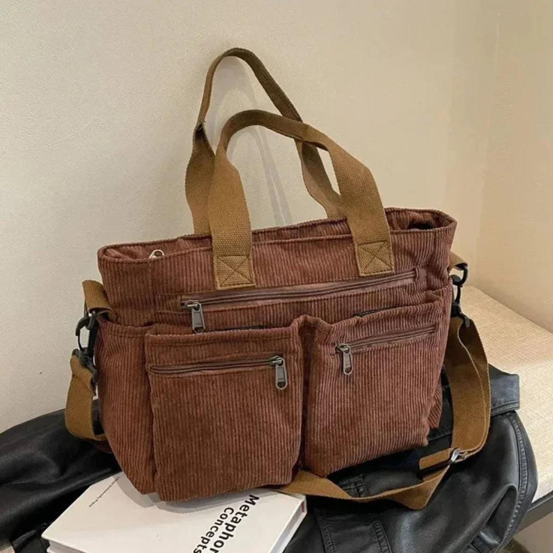 Women's Corduroy Bag with Multiple Pockets in Brown