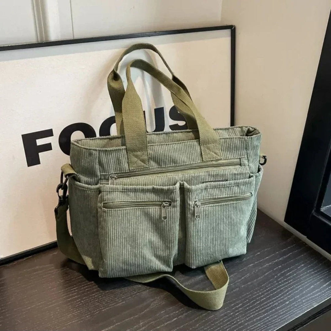 Women's Corduroy Bag with Multiple Pockets in Green
