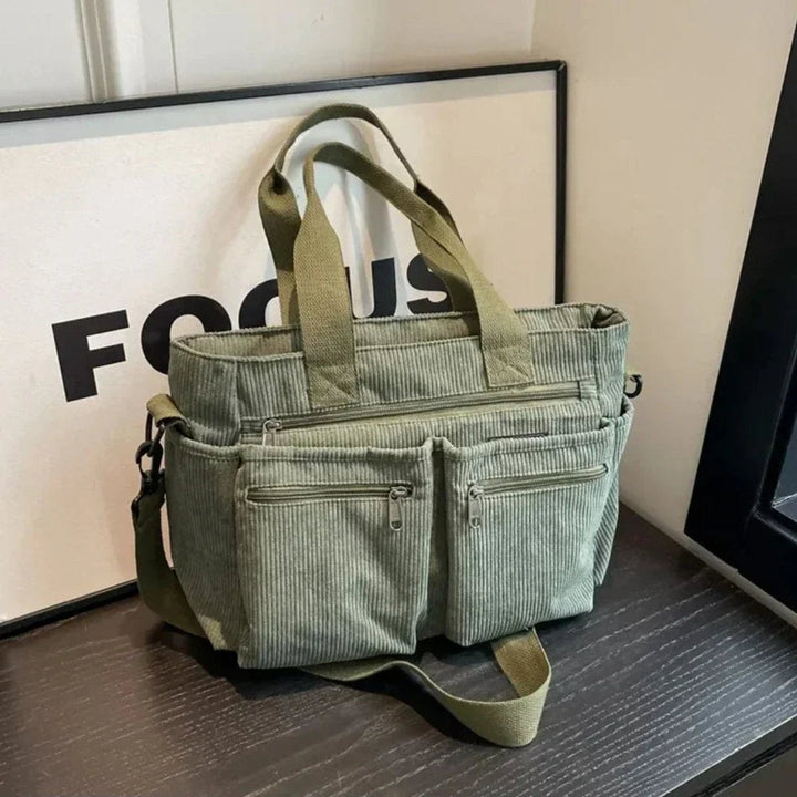 Women's Corduroy Bag with Multiple Pockets in Green