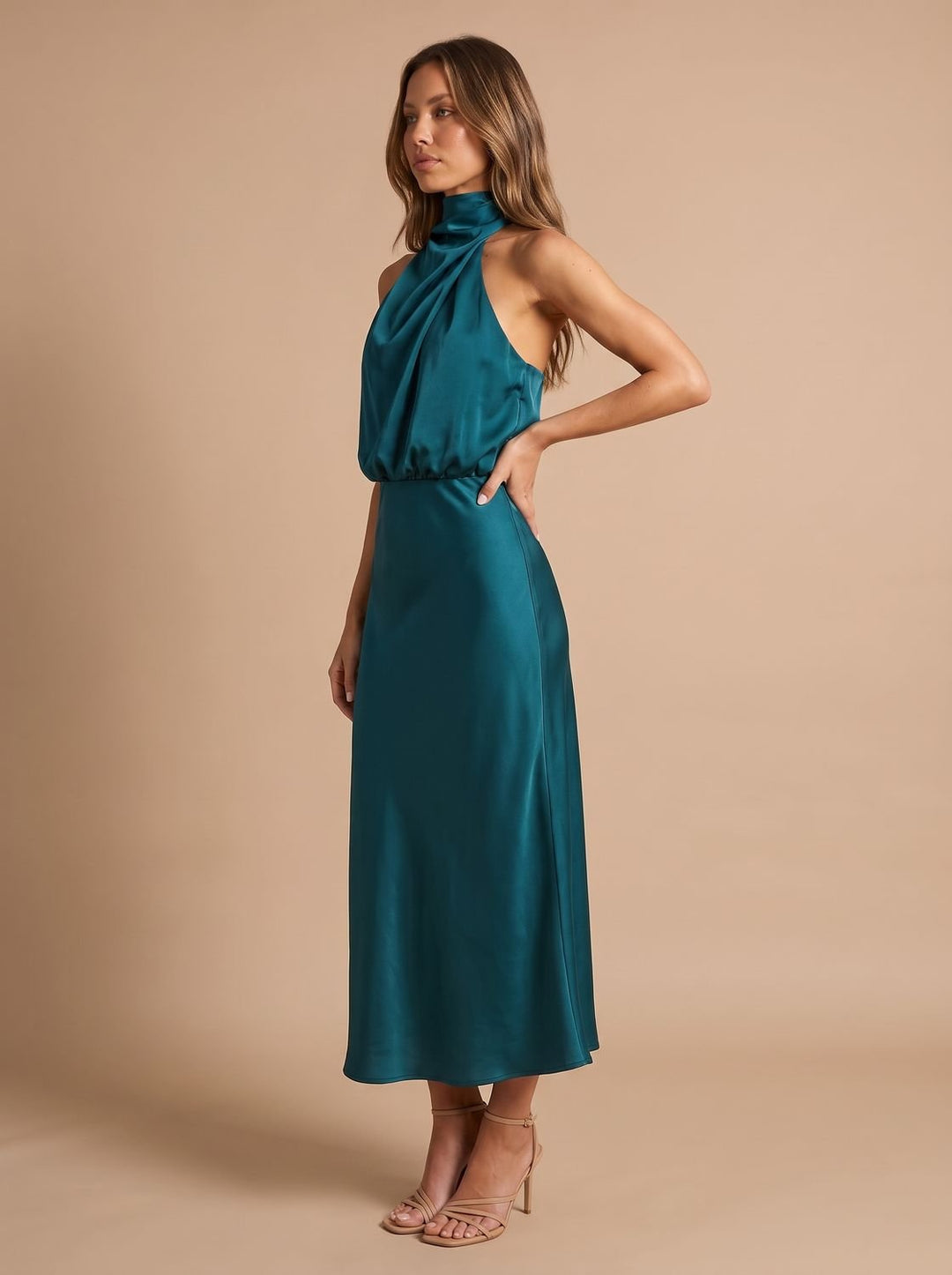 Women's Draped Midi Cocktail Dress in Satin (16)