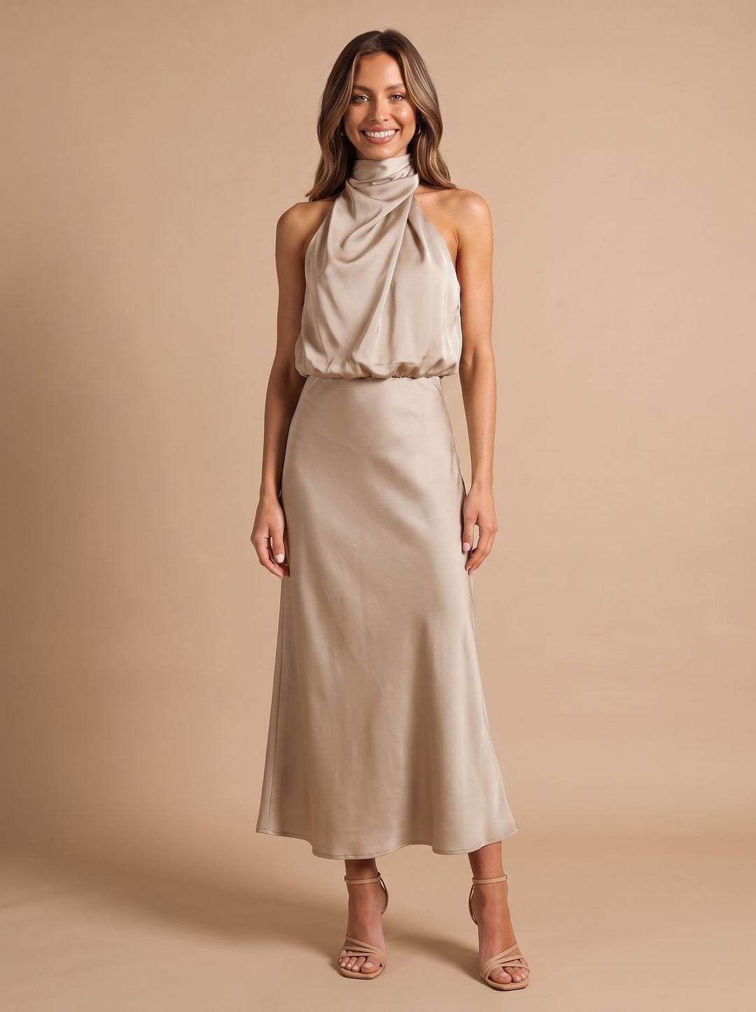 Women's Draped Midi Cocktail Dress in Satin in Beige