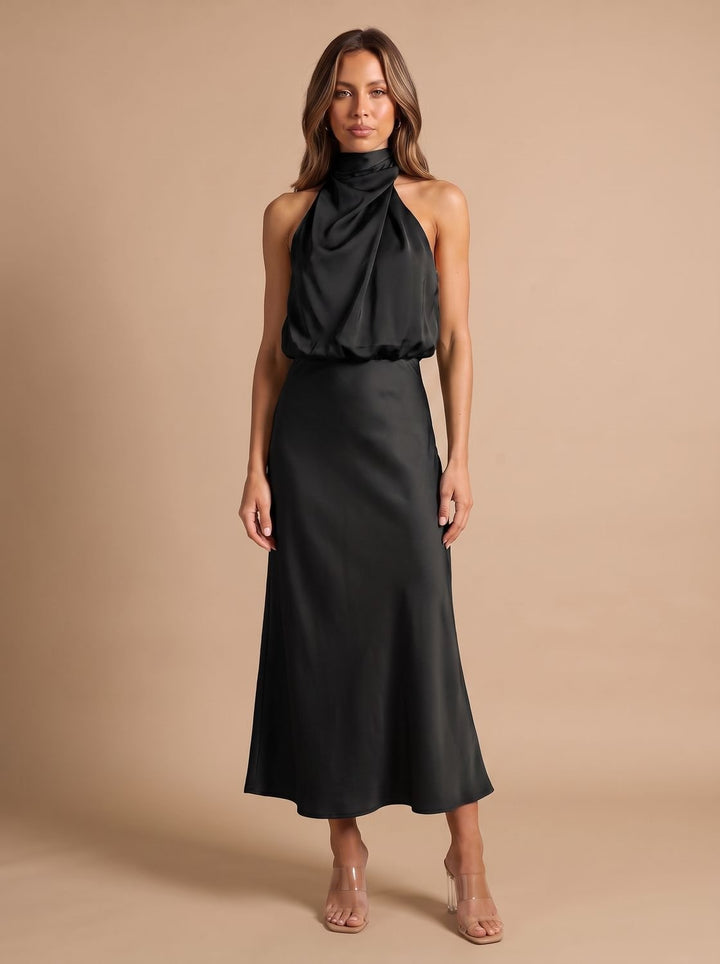 Women's Draped Midi Cocktail Dress in Satin in Black