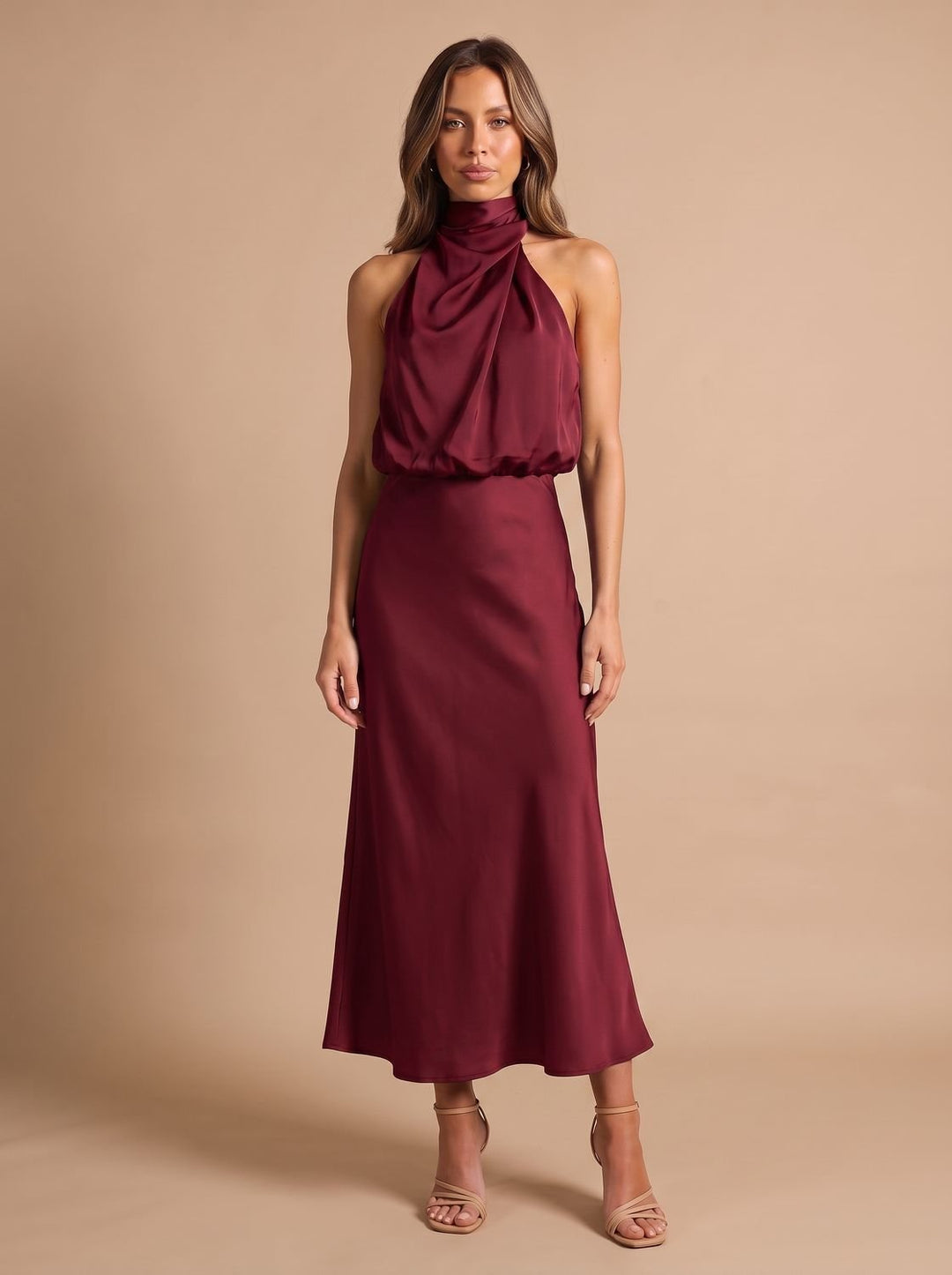 Women's Draped Midi Cocktail Dress in Satin in Burgundy