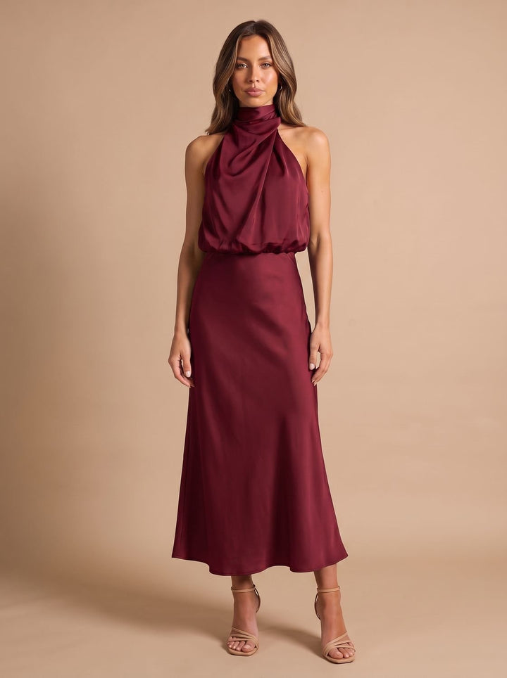 Women's Draped Midi Cocktail Dress in Satin in Burgundy