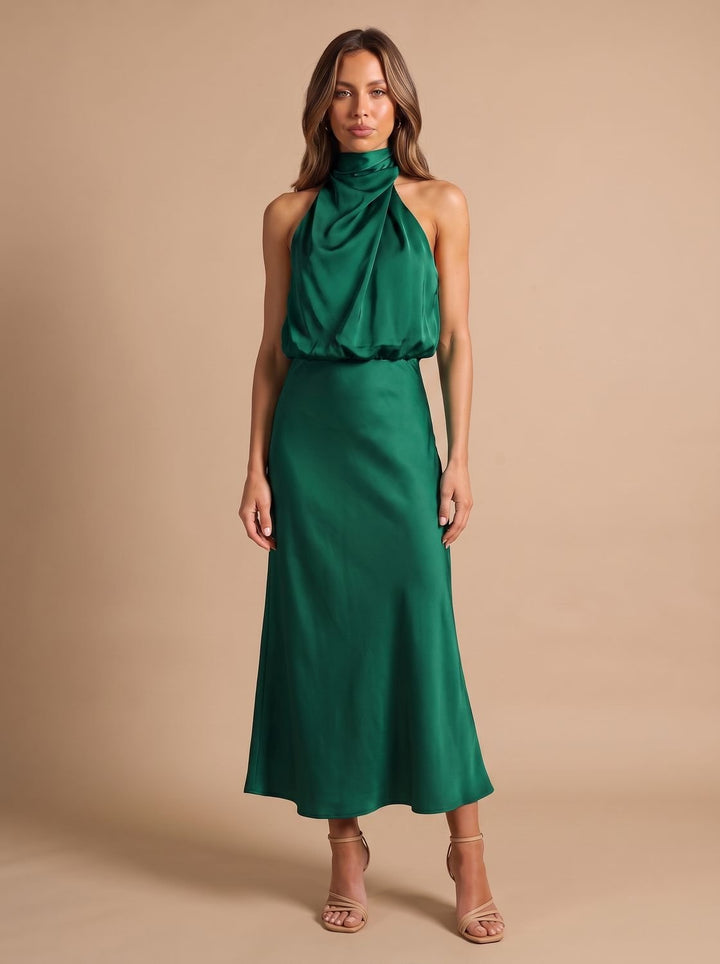 Women's Draped Midi Cocktail Dress in Satin in Dark Green