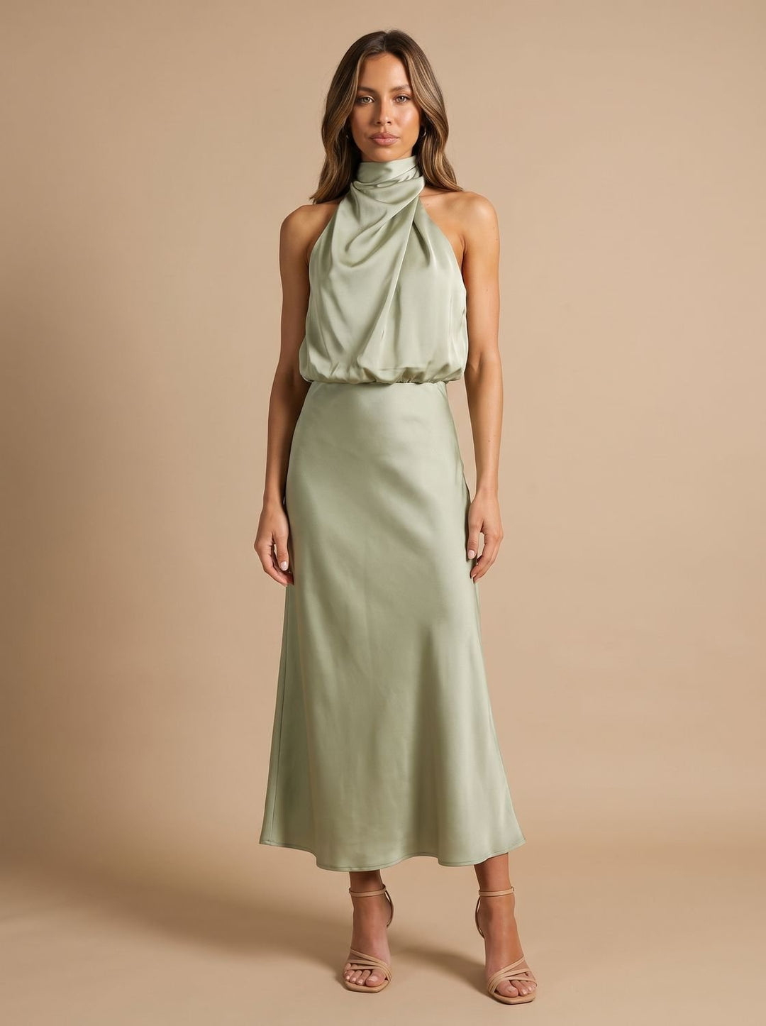 Women's Draped Midi Cocktail Dress in Satin in Light Green