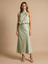 Nora | Women's Draped Midi Cocktail Dress in Satin