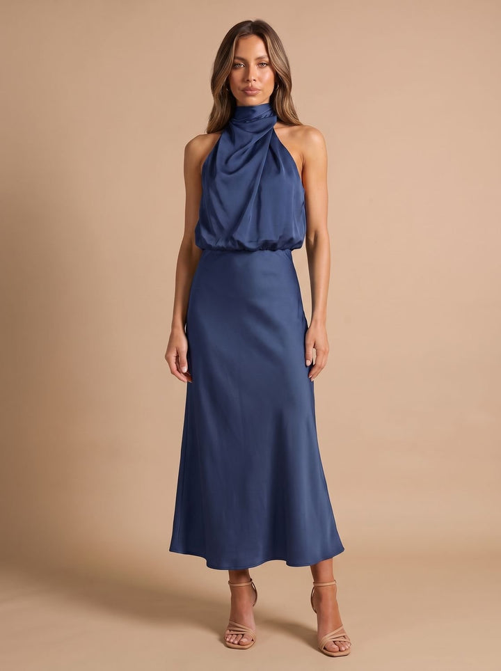 Women's Draped Midi Cocktail Dress in Satin in Navy Blue