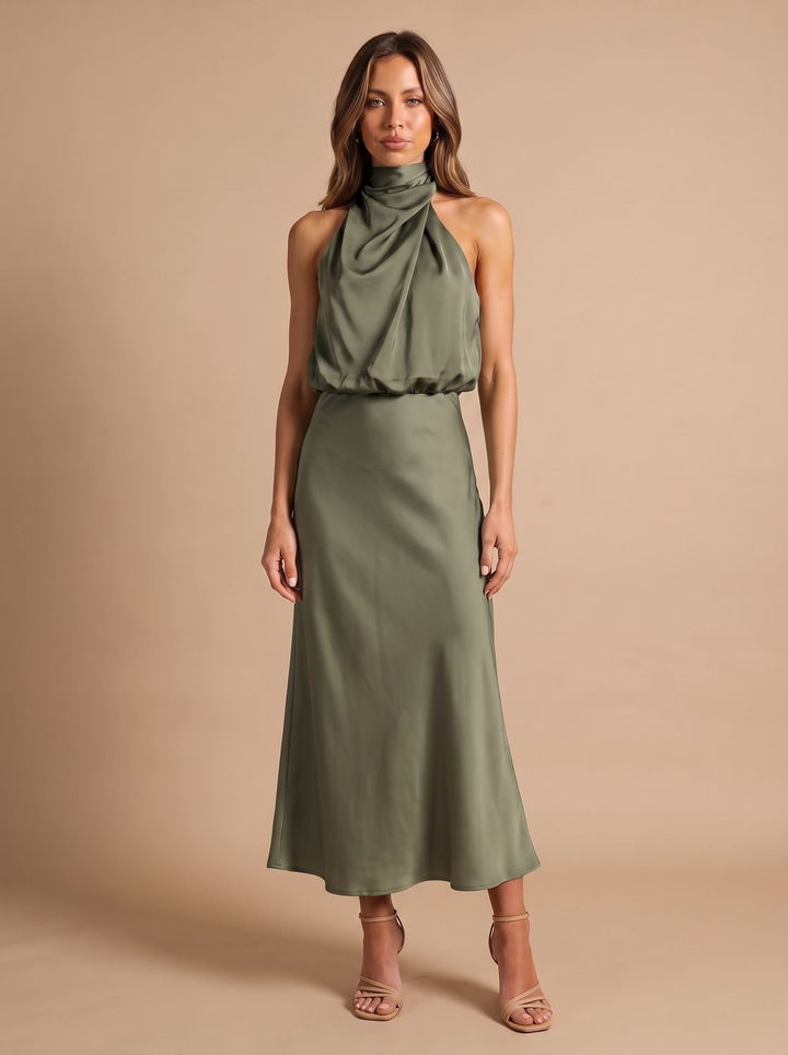 Women's Draped Midi Cocktail Dress in Satin in Olive Green