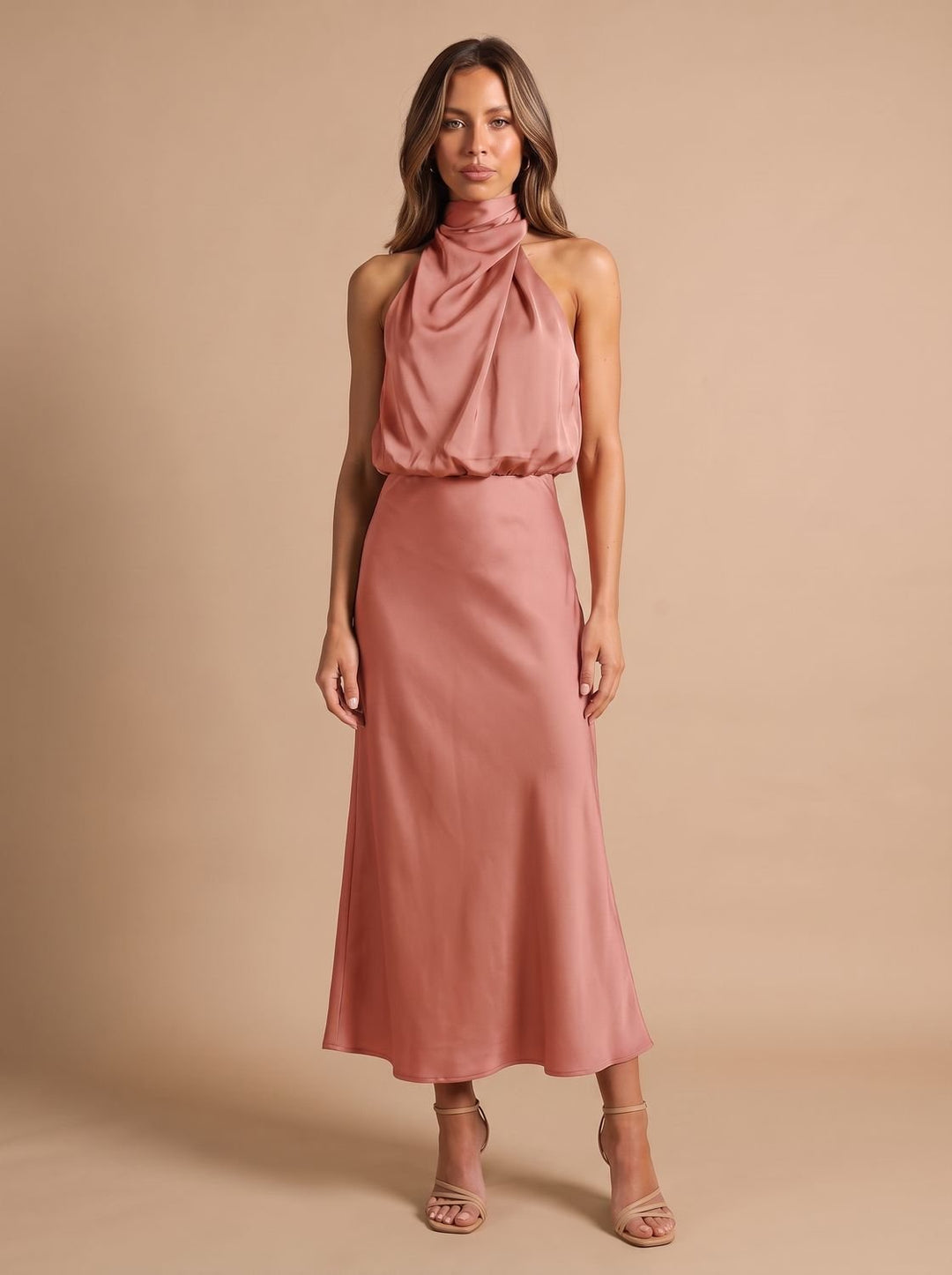 Women's Draped Midi Cocktail Dress in Satin in Orange