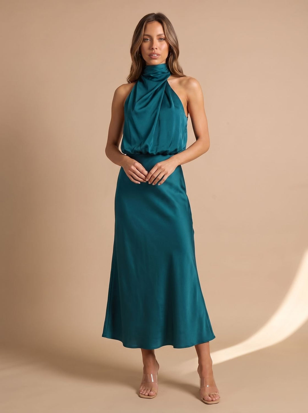 Women's Draped Midi Cocktail Dress in Satin in Turquoise