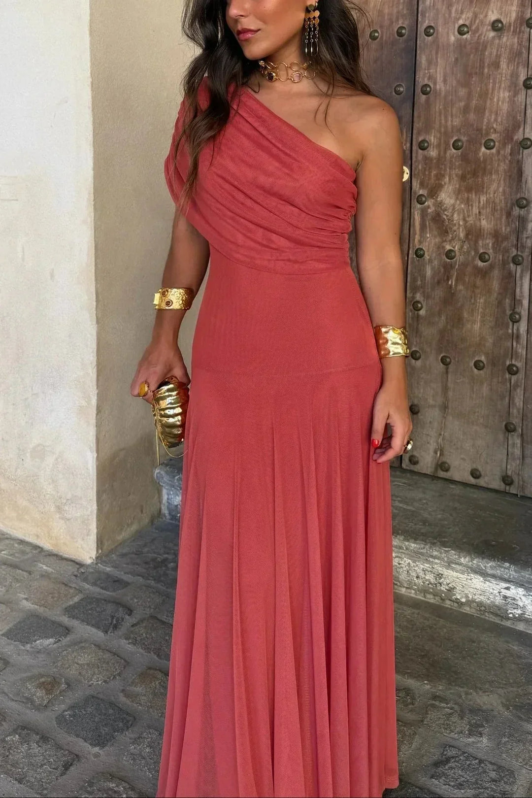 Women's Draped One-Shoulder Maxi Dress for Wedding Guests (5)