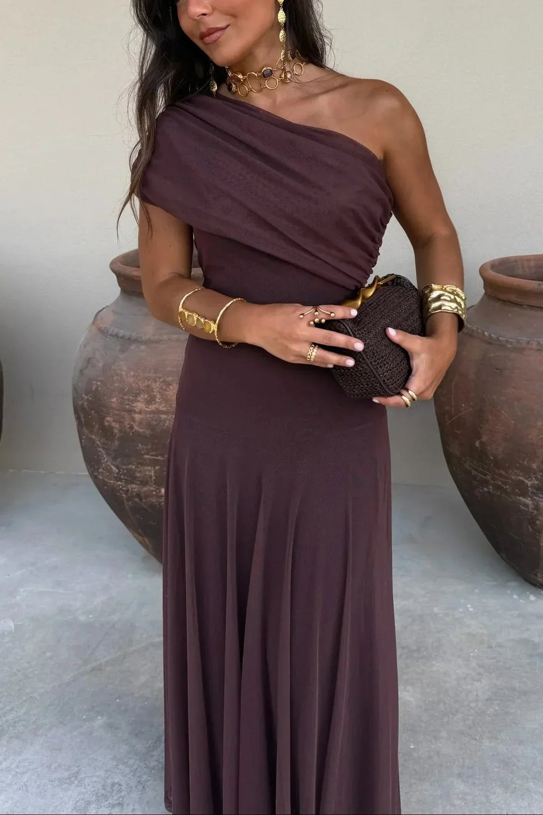 Women's Draped One-Shoulder Maxi Dress for Wedding Guests in Brown