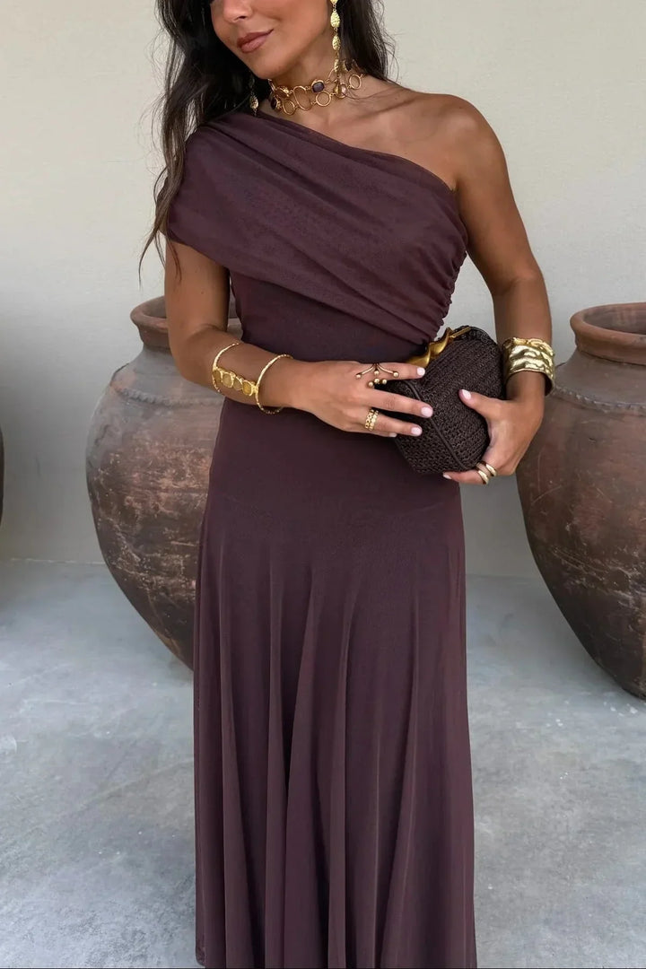 Women's Draped One-Shoulder Maxi Dress for Wedding Guests in Brown