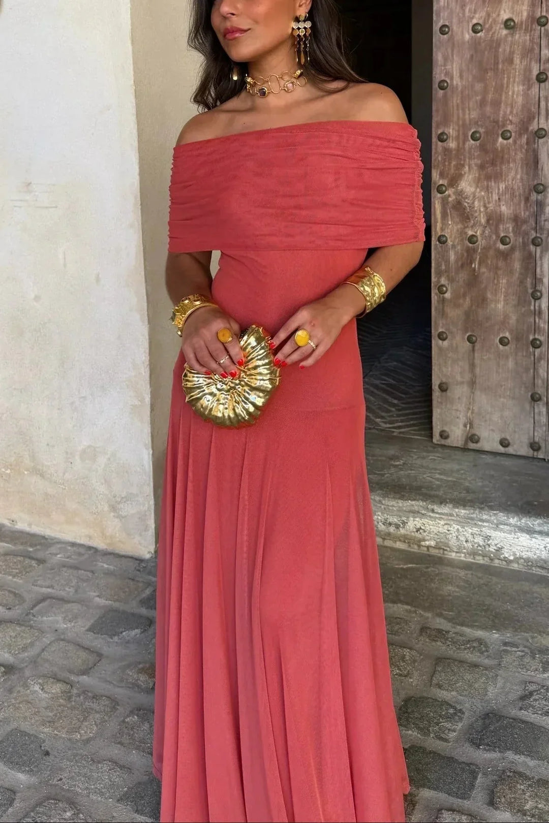 Women's Draped One-Shoulder Maxi Dress for Wedding Guests in Red