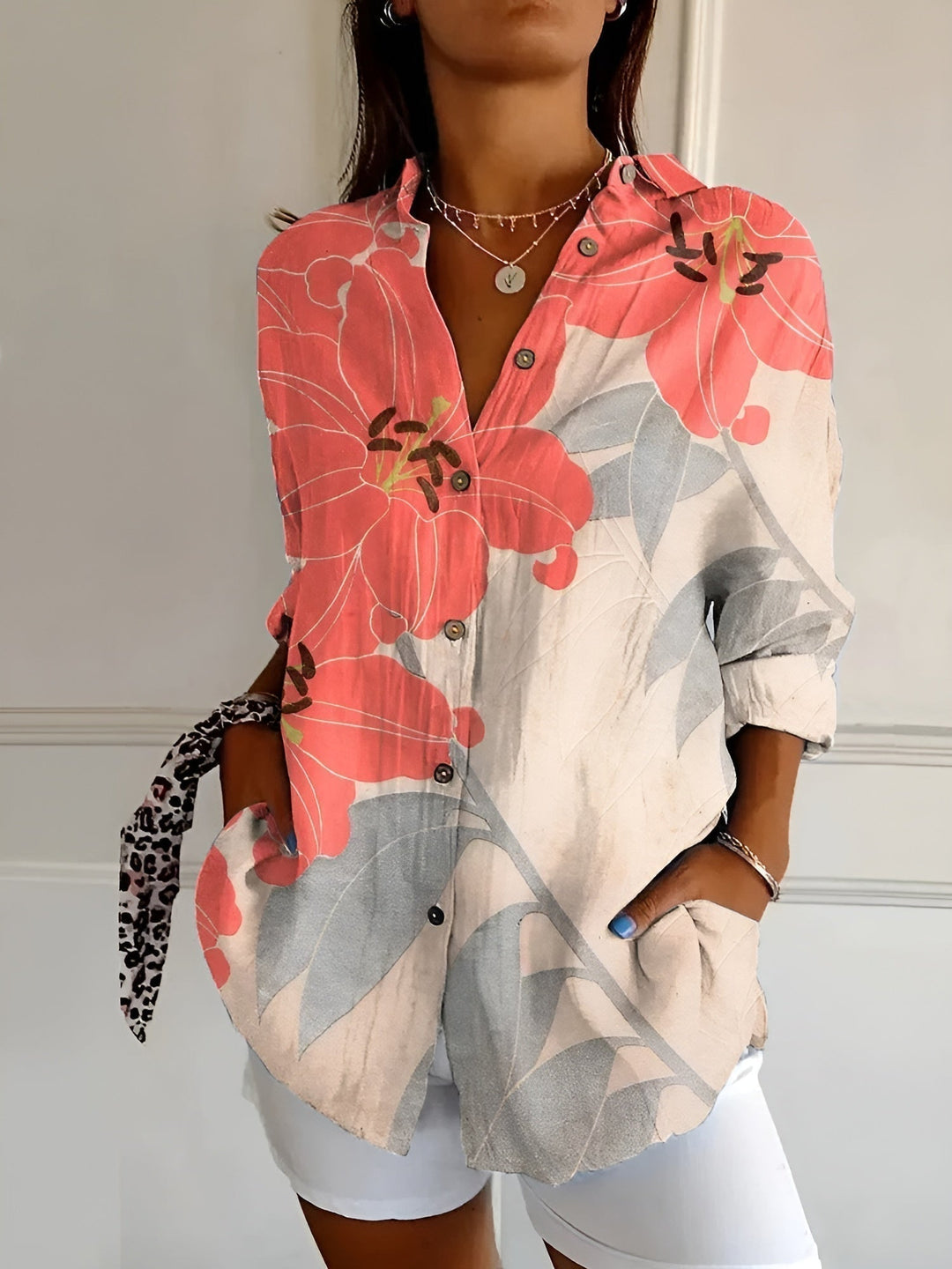 Women's Effortless Summer Linen Blouse in Orange/Grau Floral