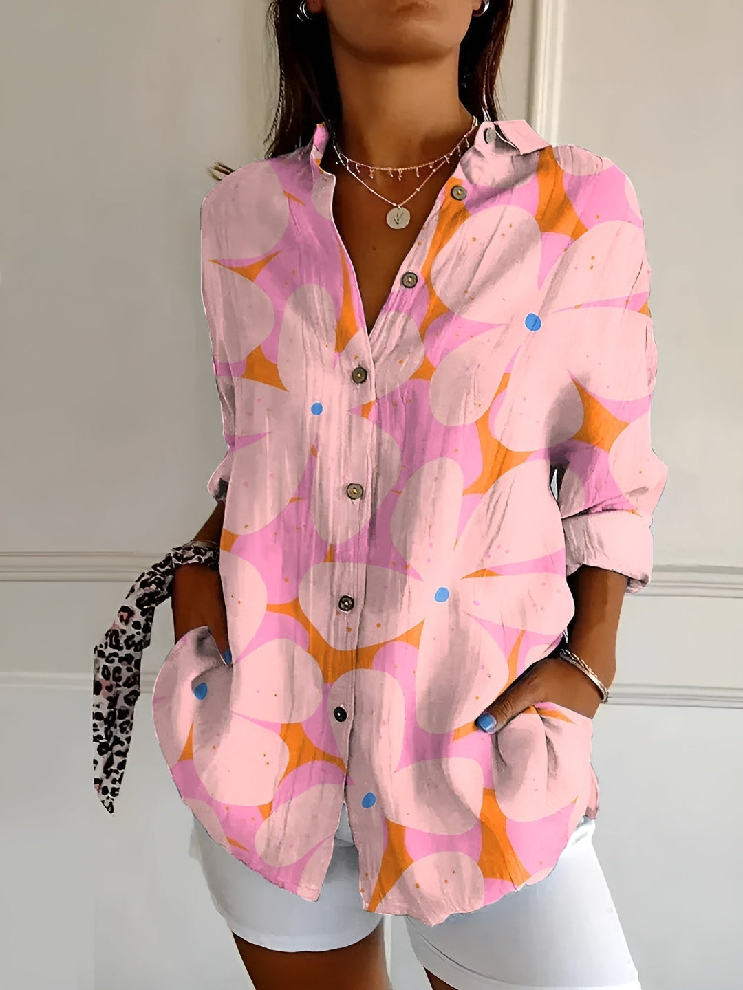 Women's Effortless Summer Linen Blouse in Pink Floral