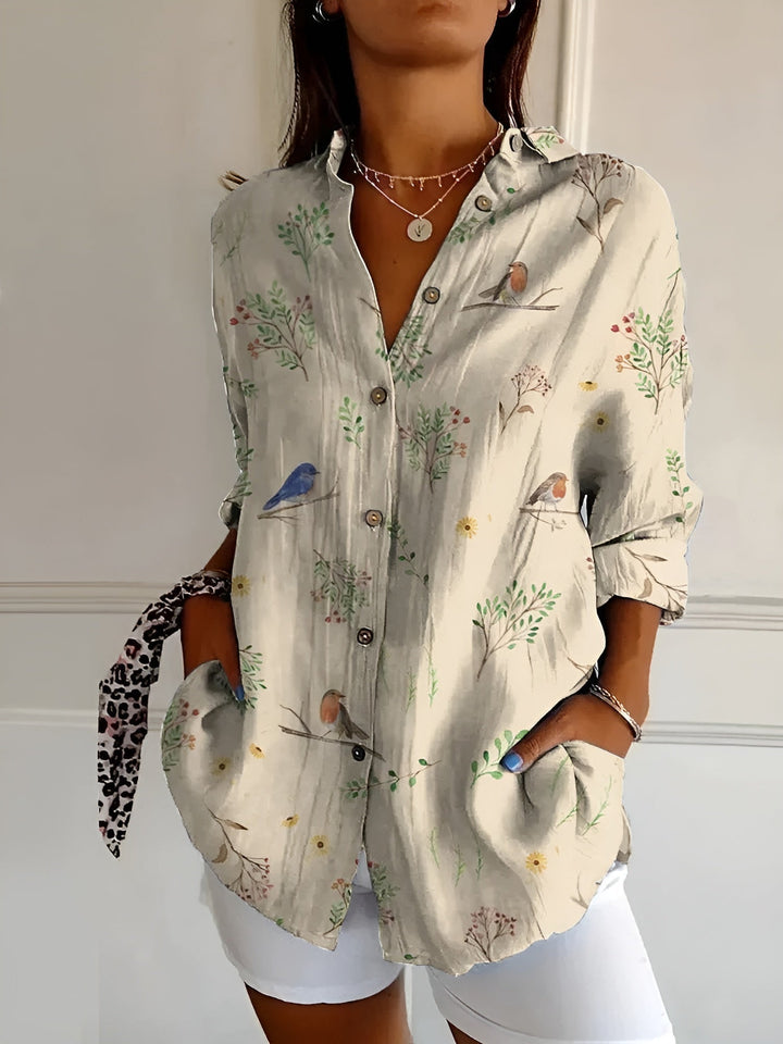 Women's Effortless Summer Linen Blouse in Vögel
