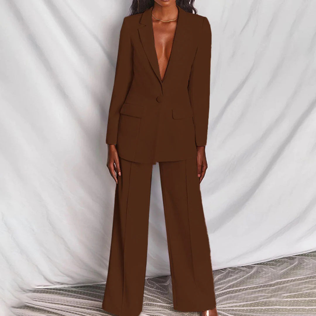 Women's Elegant Blazer Pants Set in Kaffee