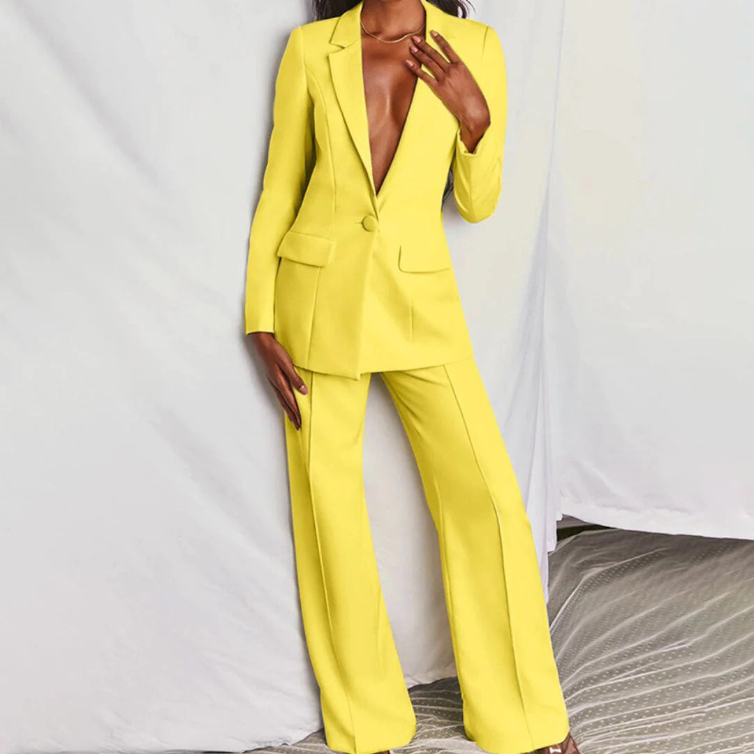 Women's Elegant Blazer Pants Set in Yellow 1