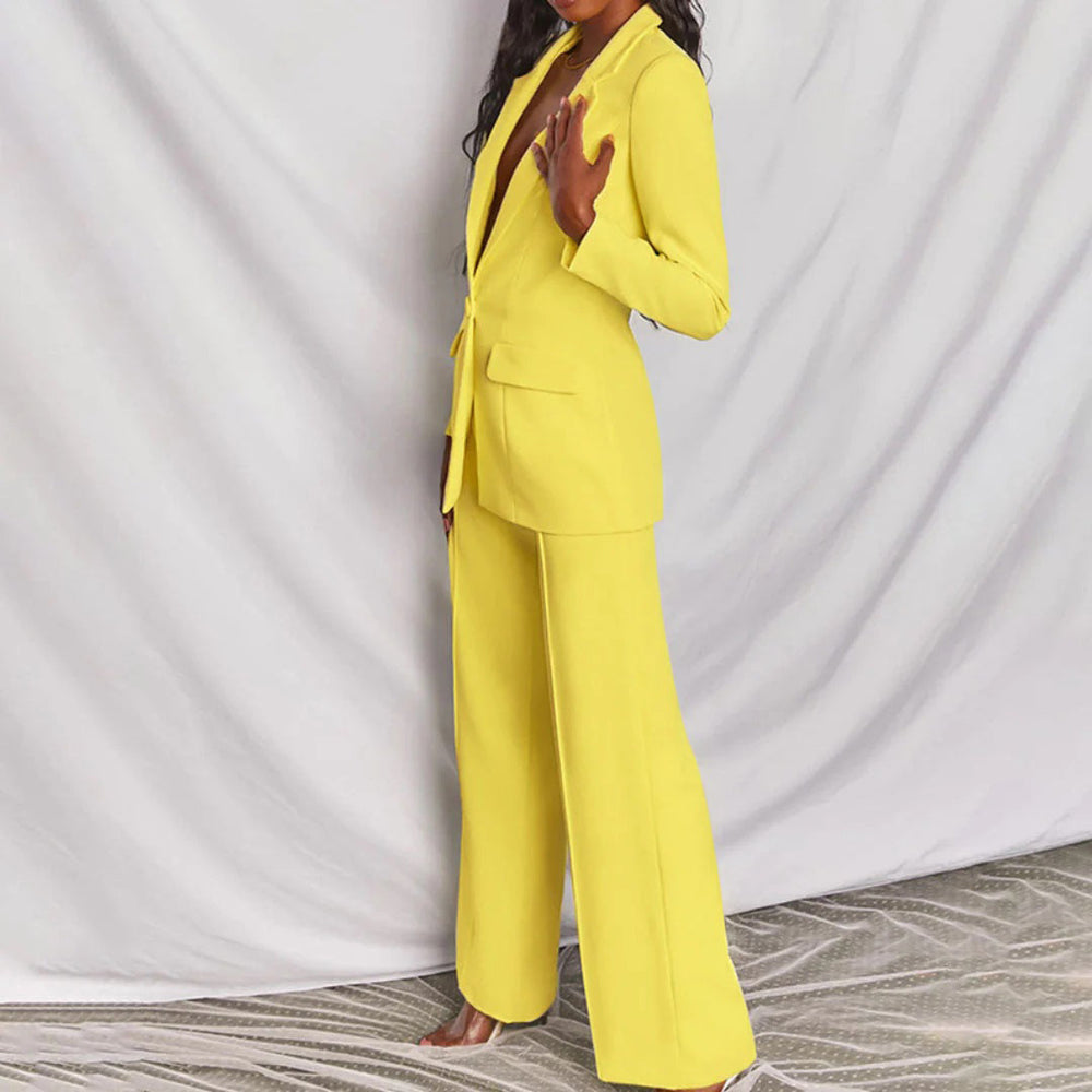 Women's Elegant Blazer Pants Set in Yellow 2
