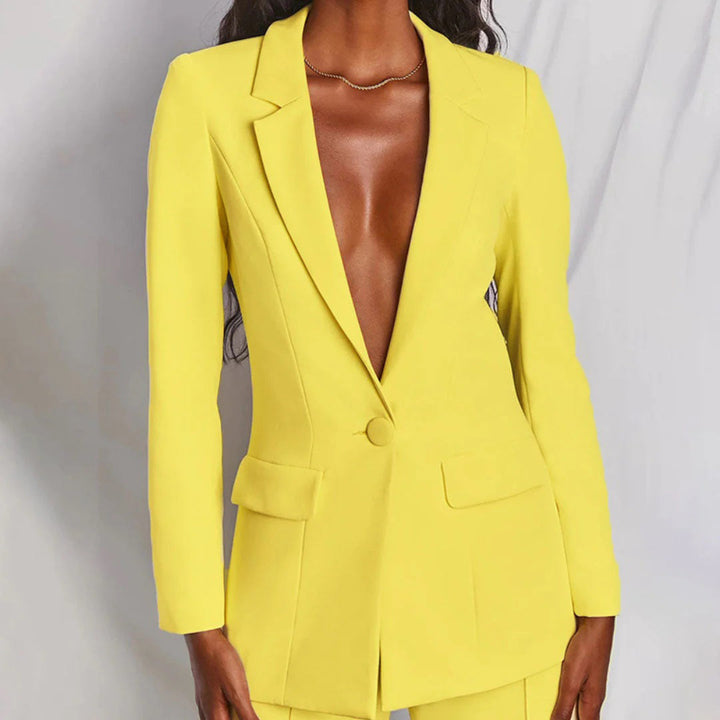 Women's Elegant Blazer Pants Set in Yellow 3
