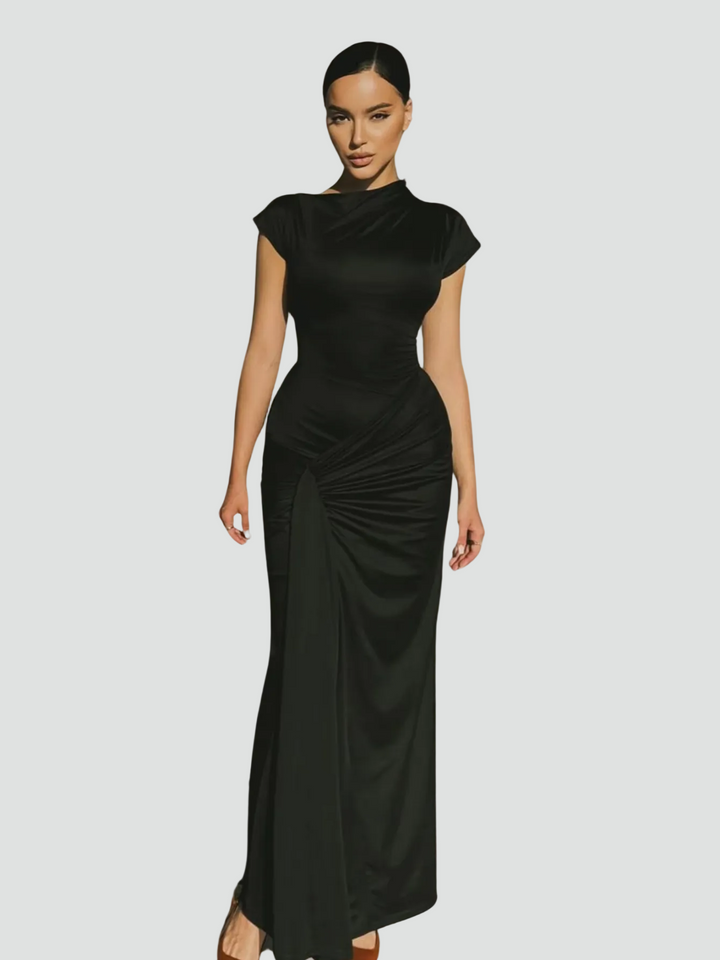 Women's Elegant Cocktail Dress Maxi with Pleats in Black