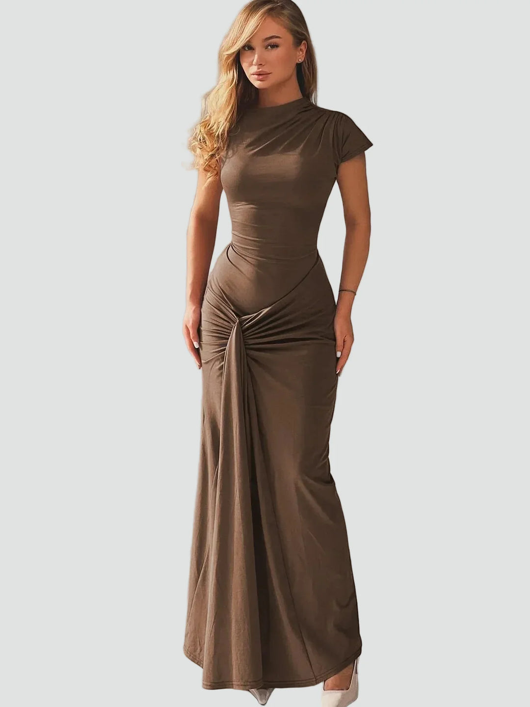 Women's Elegant Cocktail Dress Maxi with Pleats in Brown