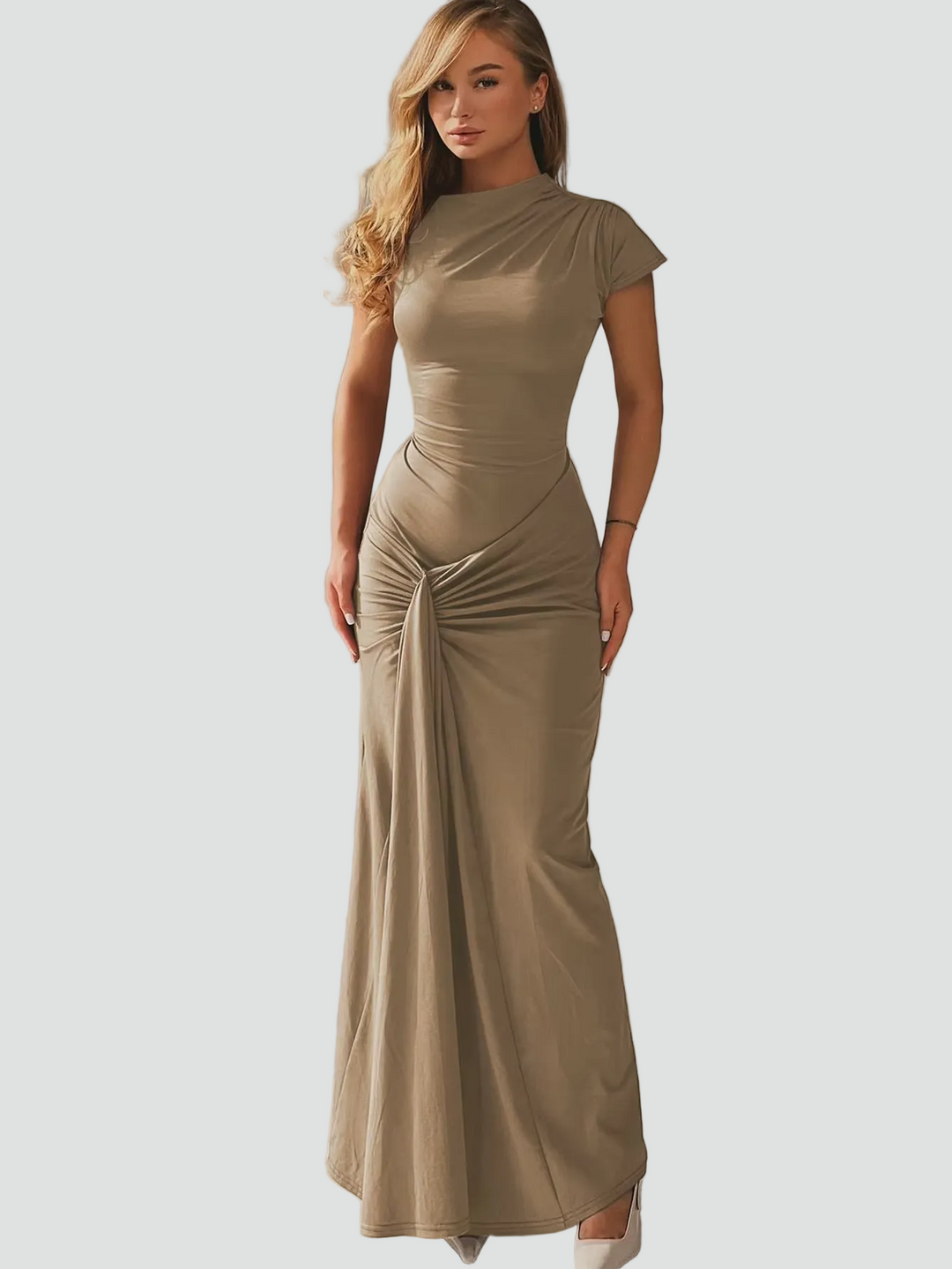 Women's Elegant Cocktail Dress Maxi with Pleats in Khaki