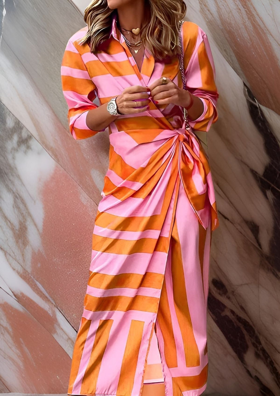 Women's Elegant Evening Wrap Dress in Orange/Rosa