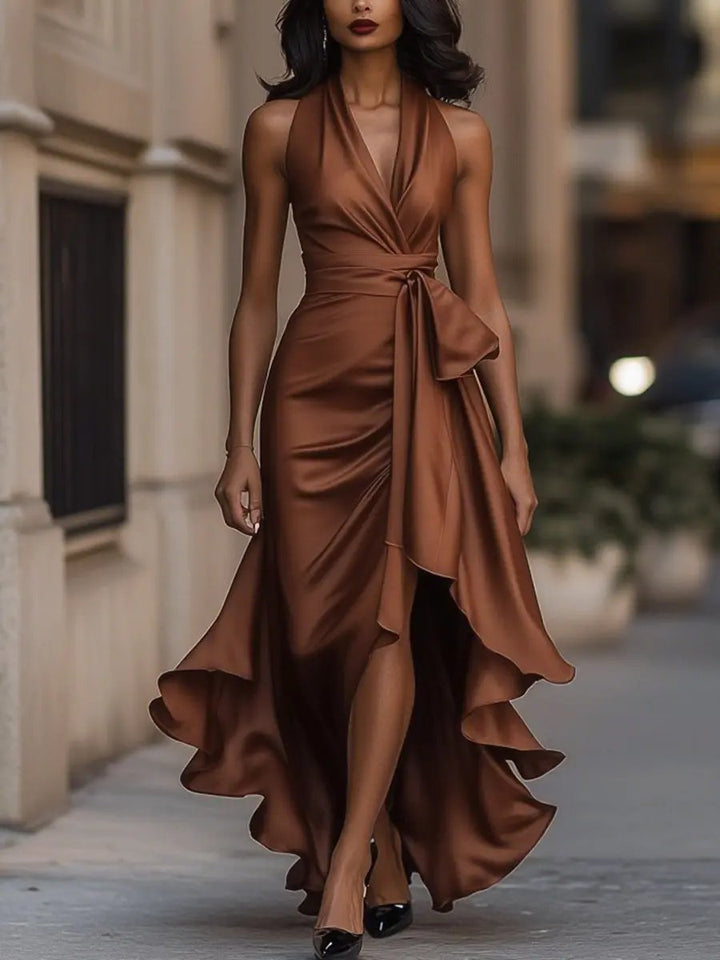 Women's Elegant Fall Wedding Guest Maxi Dress in Brown