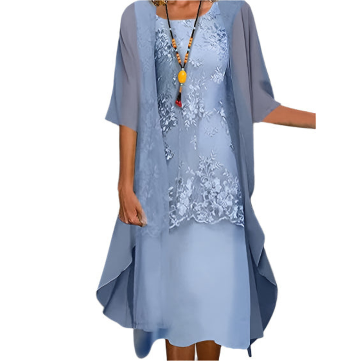 Women's Elegant Floral Midi Wedding Guest Dress in Blue