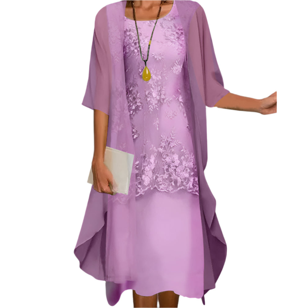 Women's Elegant Floral Midi Wedding Guest Dress in Purple