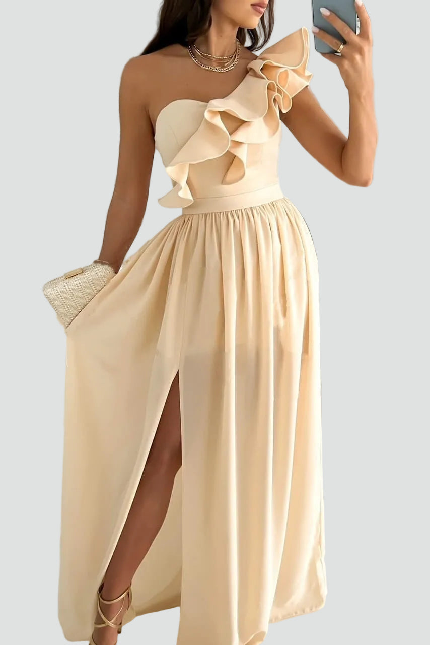 Women's Elegant Maxi Cocktail Dress with Volant in Beige