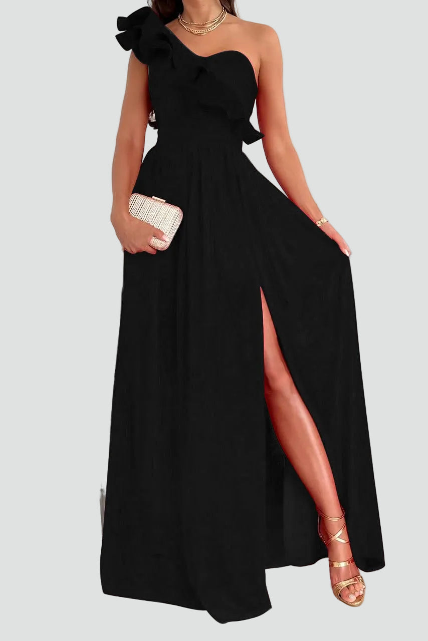Women's Elegant Maxi Cocktail Dress with Volant in Black