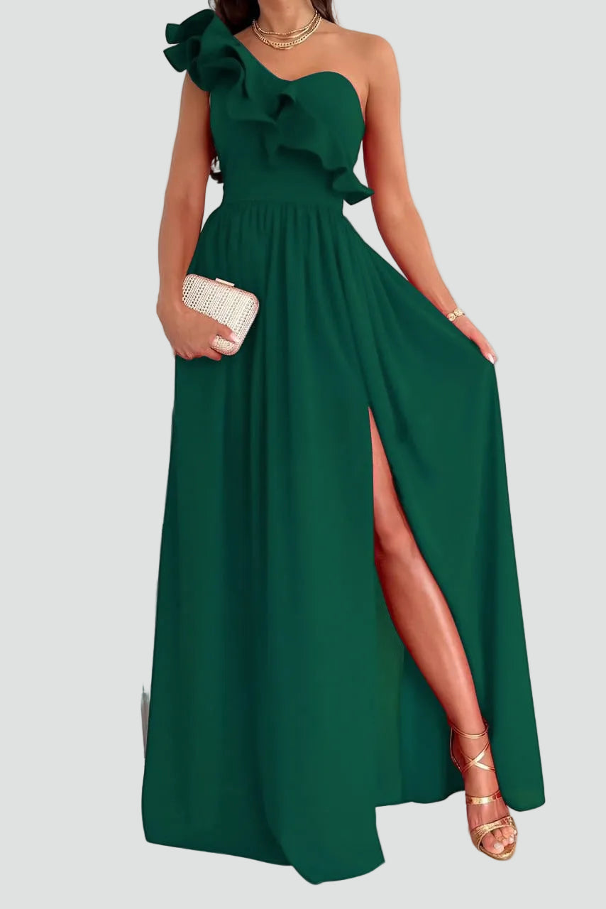 Women's Elegant Maxi Cocktail Dress with Volant in Green