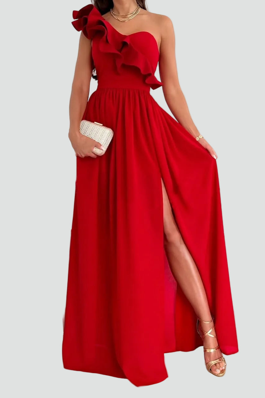 Women's Elegant Maxi Cocktail Dress with Volant in Red